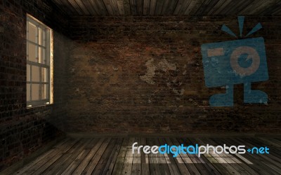 Empty Dark Old Abandoned Room With Old Cracked Brick Wall And Old Hardwood Floor With Volume Light Through Window Pane. Haunted Room In Dark Atmosphere With Dim Light, 3d Rendering Stock Image