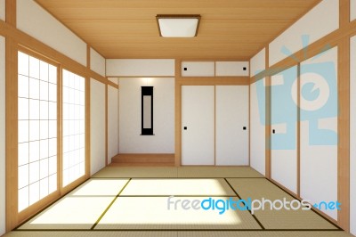 Empty Japanese Living Room Interior In Traditional And Minimal Design Stock Image