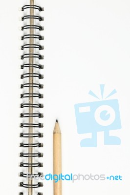 Empty Pages Of Opened Notebook With Pencil Stock Photo