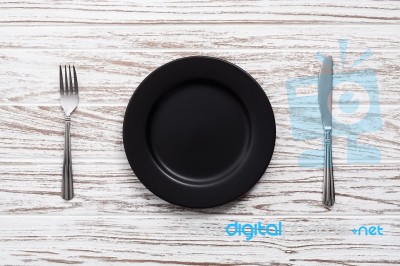 Empty Plate Fork Knife Silverware White Wooden Table Background Stock Photo