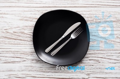 Empty Plate Fork Knife Silverware White Wooden Table Background Stock Photo