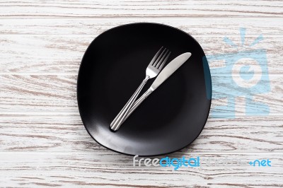 Empty Plate Fork Knife Silverware White Wooden Table Background Stock Photo