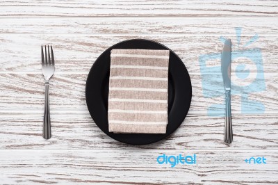 Empty Plate Napkin Fork Knife Silverware White Wooden Table Back… Stock Photo