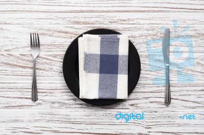 Empty Plate Napkin Fork Knife Silverware White Wooden Table Back… Stock Photo