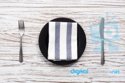 Empty Plate Napkin Fork Knife Silverware White Wooden Table Back… Stock Photo