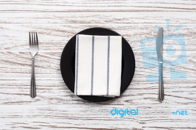 Empty Plate Napkin Fork Knife Silverware White Wooden Table Back… Stock Photo