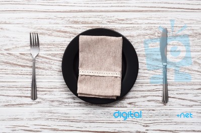 Empty Plate Napkin Fork Knife Silverware White Wooden Table Background Stock Photo