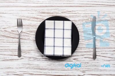 Empty Plate Napkin Fork Knife Silverware White Wooden Table Background Stock Photo