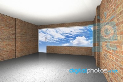 Empty Room With Brick Wall, Sky Background Stock Image