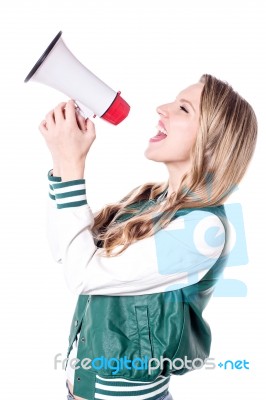 Energetic Woman With A Loudhailer Stock Photo