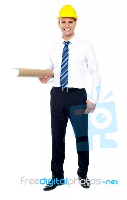 Engineer Holding Blueprint Stock Photo