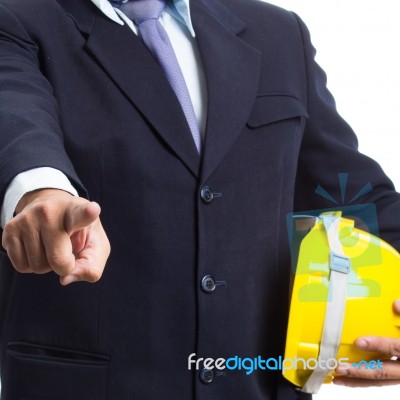 Engineer Holding Helmet On White Background Stock Photo