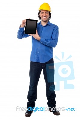 Engineer Showing His New Touch Pad Device Stock Photo