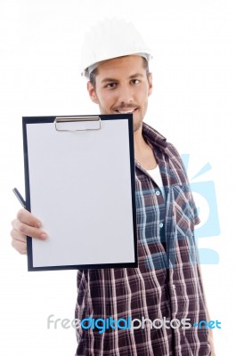 Engineer Showing Writing Pad Stock Photo