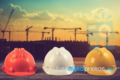 Engineer Working Table Plan At Building Construction Site.vintag… Stock Photo