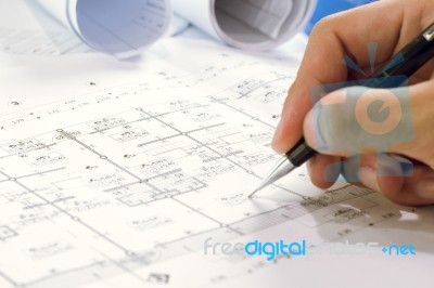 Engineering Diagram Blueprint Paper Drafting Project Sketch Arch… Stock Photo