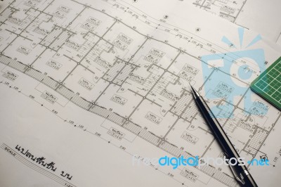 Engineering Diagram Blueprint Paper Drafting Project Sketch Arch… Stock Photo