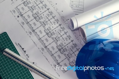 Engineering Diagram Blueprint Paper Drafting Project Sketch Arch… Stock Photo