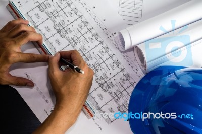 Engineering Diagram Blueprint Paper Drafting Project Sketch Arch… Stock Photo