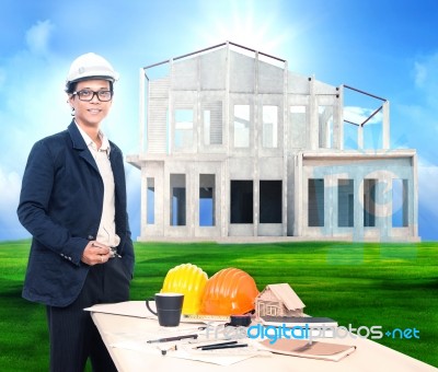 Engineering Man With Working Table And Home Project On Beautiful… Stock Photo