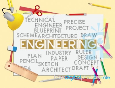 Engineering Words Indicates Mechanical Employee And Job Stock Image