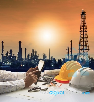 Engineering Working On Computer Tablet Against Silhouette Of Oil… Stock Photo