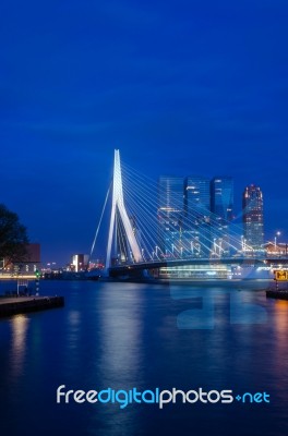 Erasmus Bridge In Rotterdam, Twilight Time Stock Photo