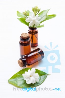 Essential Oil With Jasmine  Flower On White Background Stock Photo