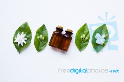 Essential Oil With Jasmine  Flower On White Background Stock Photo