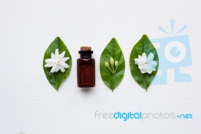 Essential Oil With Jasmine  Flower On White Background Stock Photo