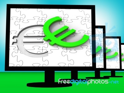 Euro Symbol On Monitors Showing European Wealth Stock Image