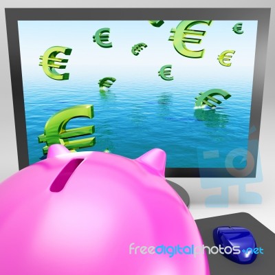 Euro Symbols Drowning On Monitor Shows European Depression Stock Image