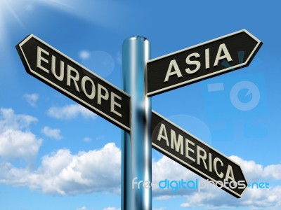 Europe Asia America Signpost Stock Image