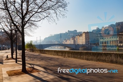 Evening Light By The River In Lyon, France Stock Photo