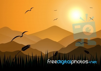 Evening Mountains And Sunset With Birds Fly Stock Image