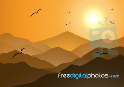 Evening Mountains And Sunset With Birds Fly  Background Stock Image