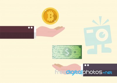 Exchange Between Bitcoin And Cash Money Stock Image