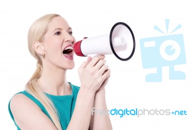 Excite Woman Shout With Megaphone Stock Photo