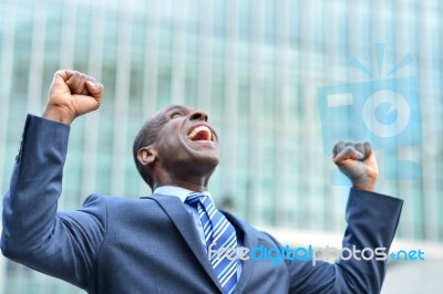 Excited Businessman Raising His Arms Stock Photo