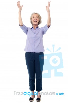 Excited Pretty Aged Lady, Full Length Shot Stock Photo