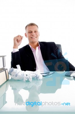 Executive With Crease Paper At Desk Stock Photo