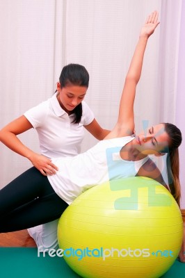 Exercises Control Basin Trunk With Bobath Ball Fitball Stabiliza… Stock Photo