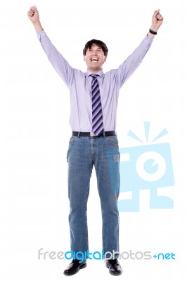 Exited Business With Raised Arms Stock Photo