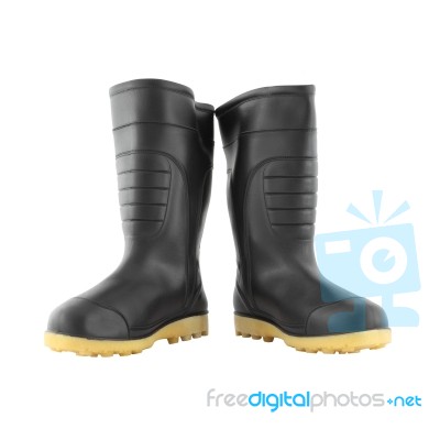 Expanded Pair Rubber Black Boot Shoes On White Background Stock Photo