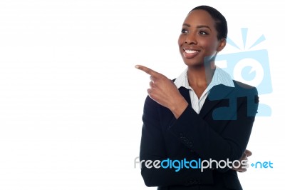 Experienced Female Executive Pointing Away Stock Photo