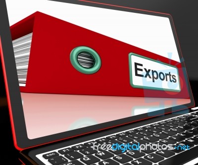 Exports File On Laptop Showing Distribution Reports Stock Image