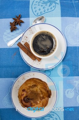 Expresso Coffee And Egg Custard Pastry Stock Photo