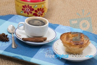 Expresso Coffee And Egg Custard Pastry Stock Photo