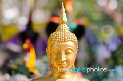 Face Of Golden Buddha Sculpture, Thailand Stock Photo