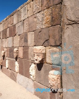 Face Wall At Tiwanaku, Altiplano, Titicaca Region, Bolivia Stock Photo